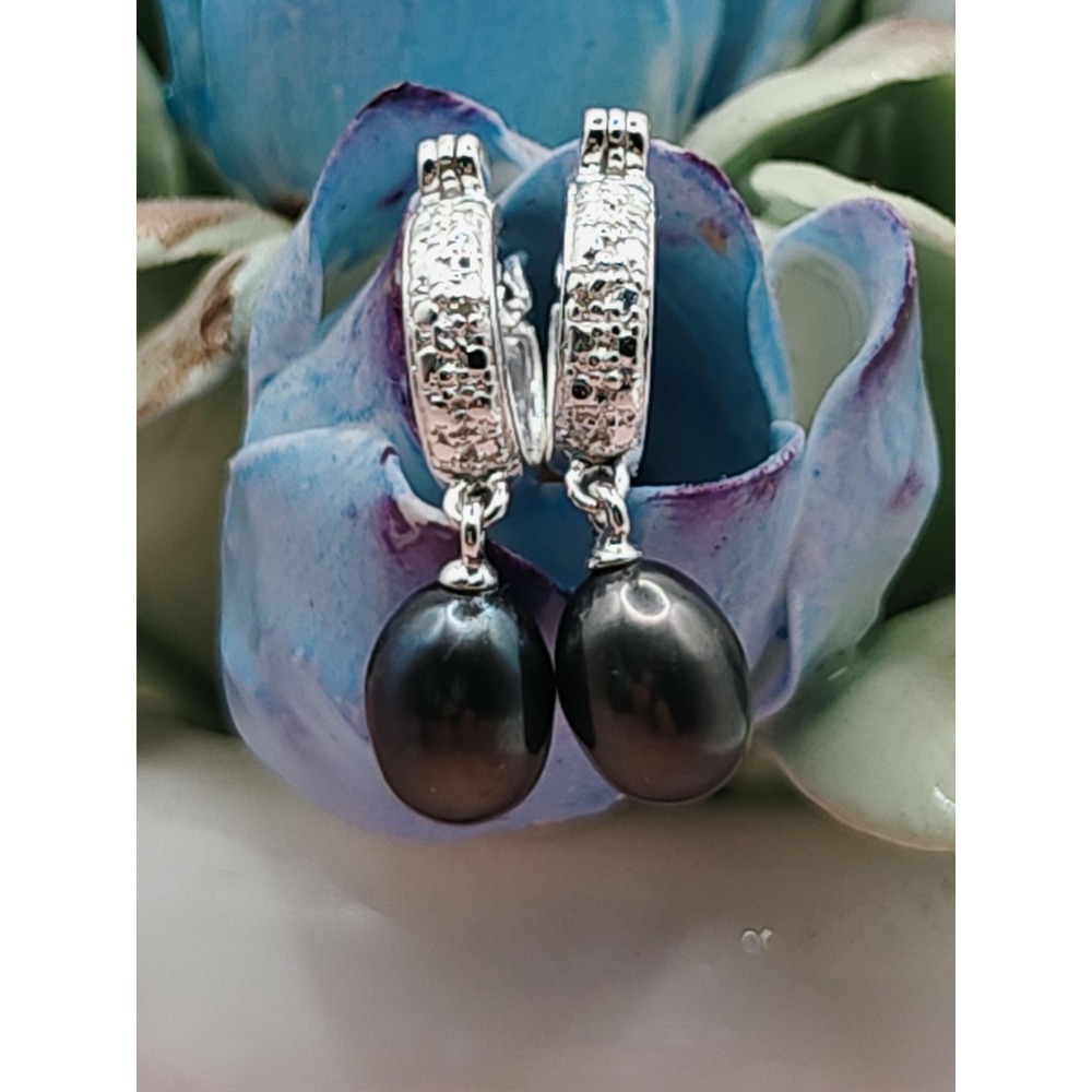 925 Sterling Silver Diamond Paveโ Tahitian Pearls Earrings Signed OJ